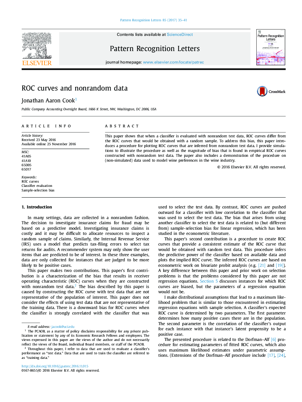 ROC curves and nonrandom data