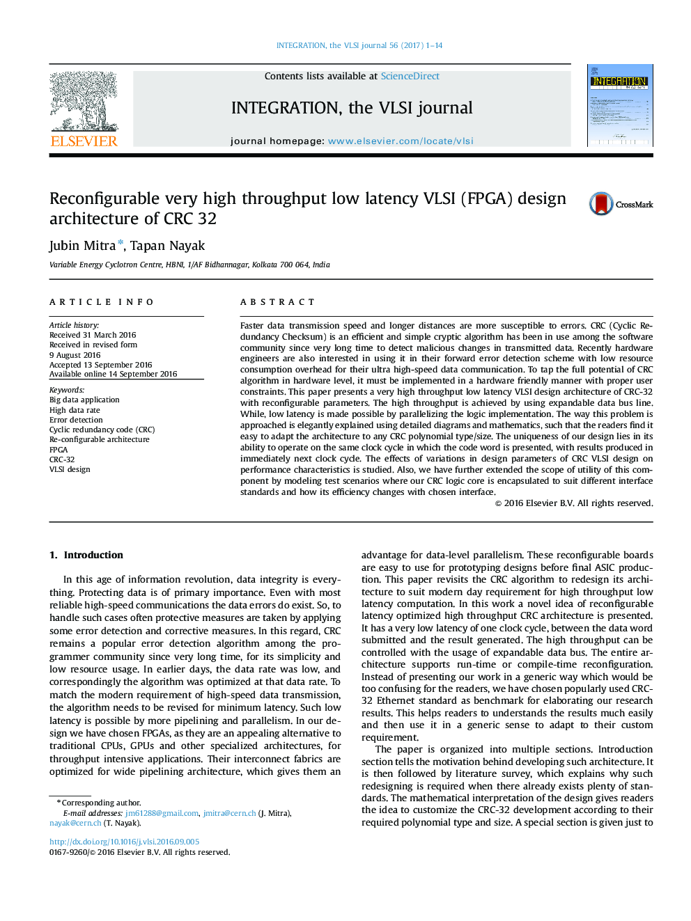 Reconfigurable very high throughput low latency VLSI (FPGA) design architecture of CRC 32