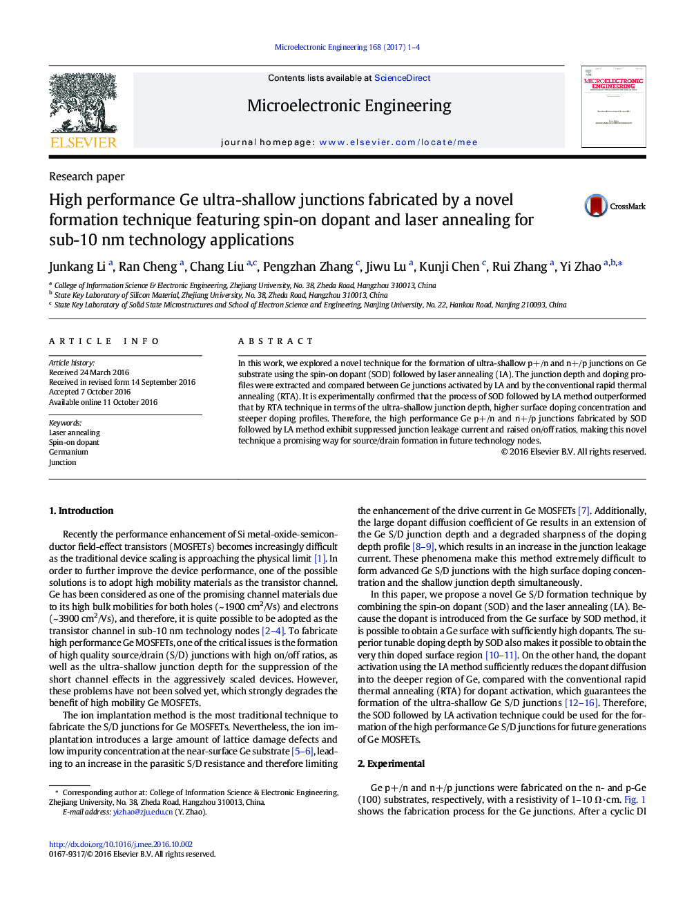 High performance Ge ultra-shallow junctions fabricated by a novel formation technique featuring spin-on dopant and laser annealing for sub-10Â nm technology applications