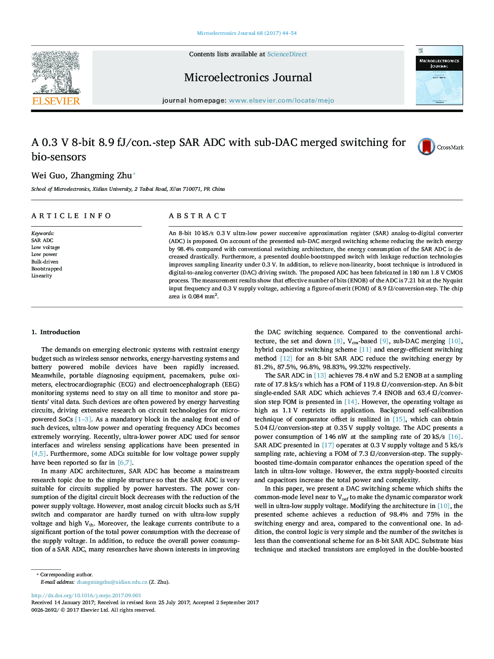 A 0.3 V 8-bit 8.9Â fJ/con.-step SAR ADC with sub-DAC merged switching for bio-sensors