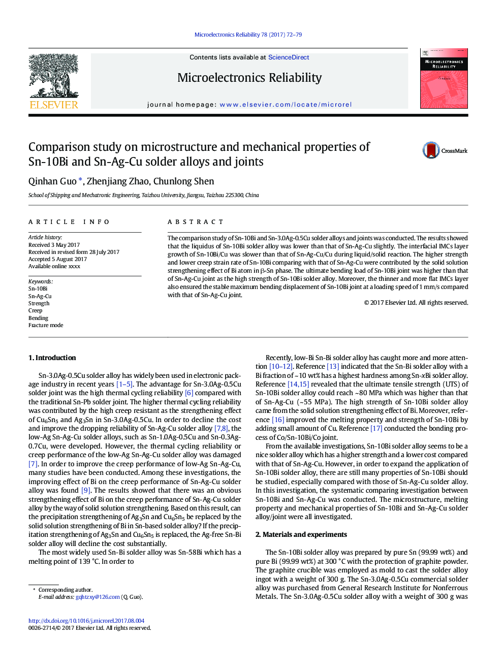 Comparison study on microstructure and mechanical properties of Sn-10Bi and Sn-Ag-Cu solder alloys and joints