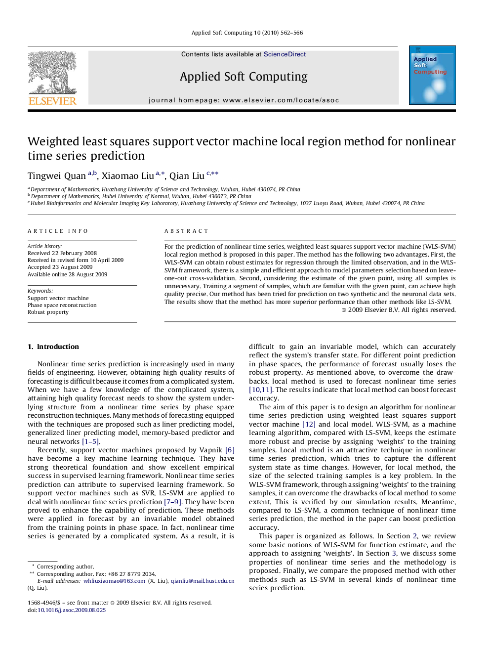 Weighted least squares support vector machine local region method for nonlinear time series prediction