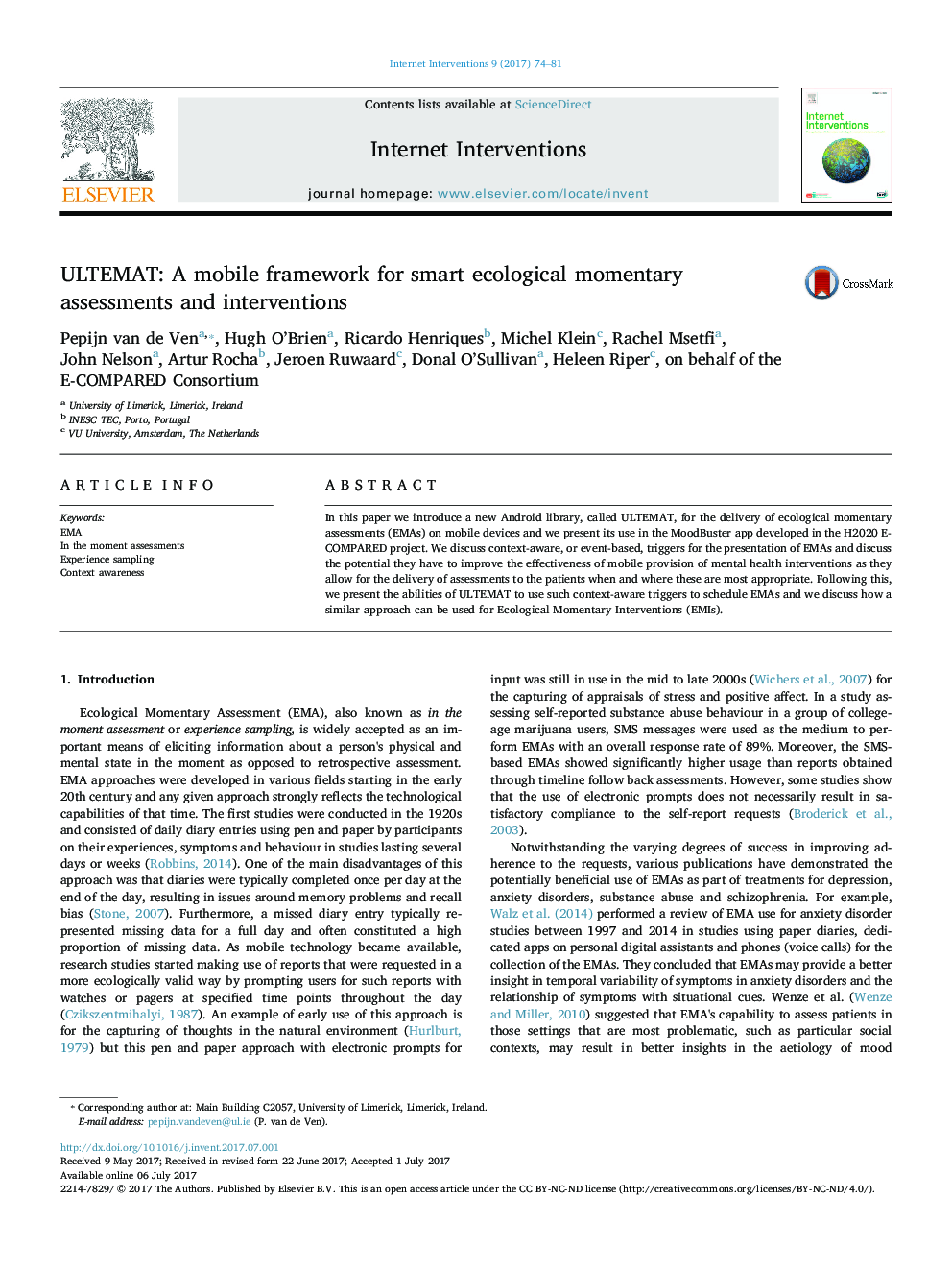 ULTEMAT: A mobile framework for smart ecological momentary assessments and interventions