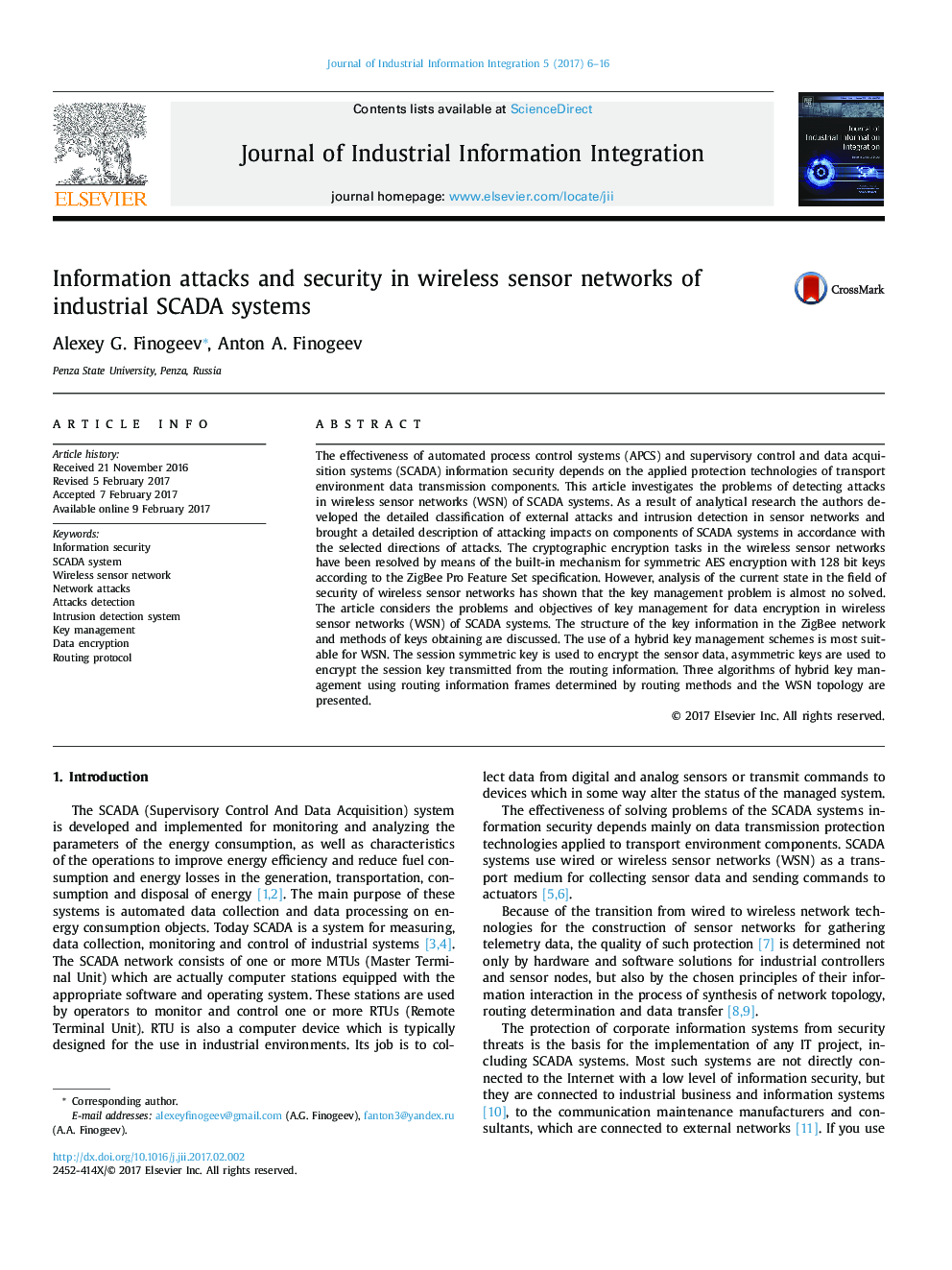 Information attacks and security in wireless sensor networks of industrial SCADA systems