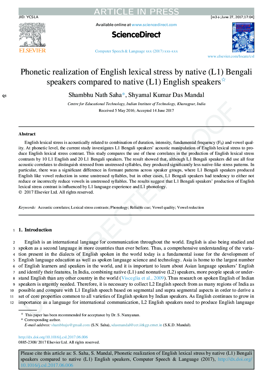 Phonetic realization of English lexical stress by native (L1) Bengali speakers compared to native (L1) English speakers