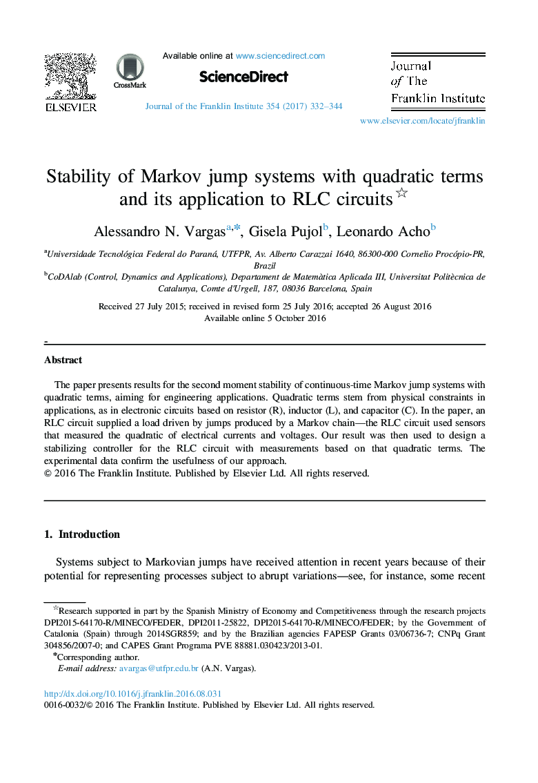 Stability of Markov jump systems with quadratic terms and its application to RLC circuits