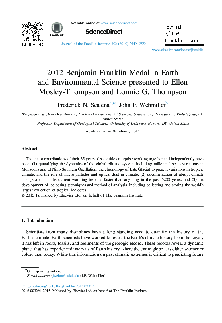 2012 Benjamin Franklin Medal in Earth and Environmental Science presented to Ellen Mosley-Thompson and Lonnie G. Thompson