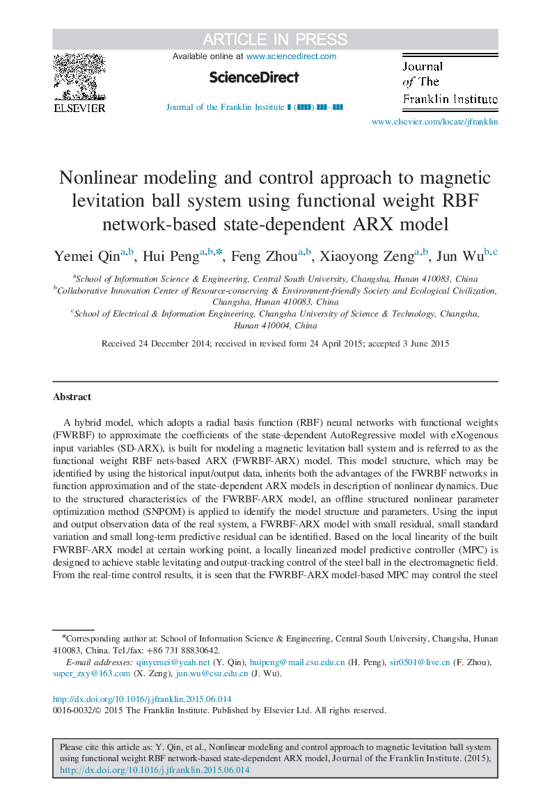 Nonlinear modeling and control approach to magnetic levitation ball system using functional weight RBF network-based state-dependent ARX model