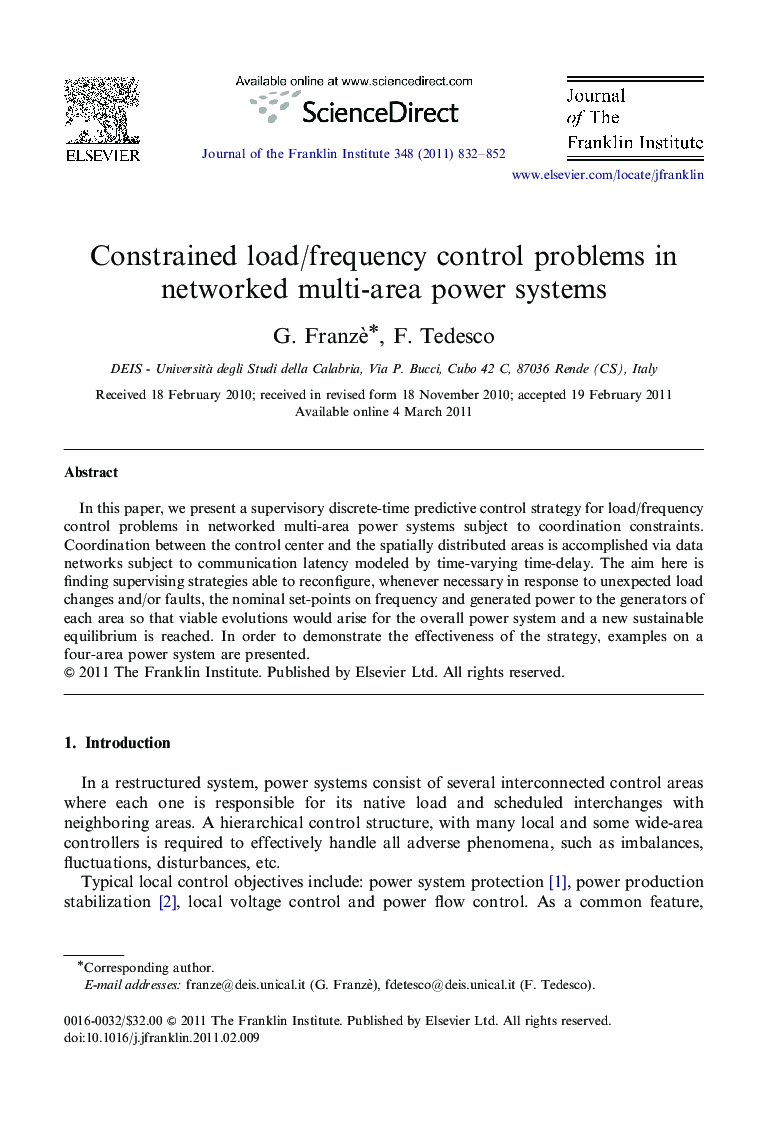 Constrained load/frequency control problems in networked multi-area power systems
