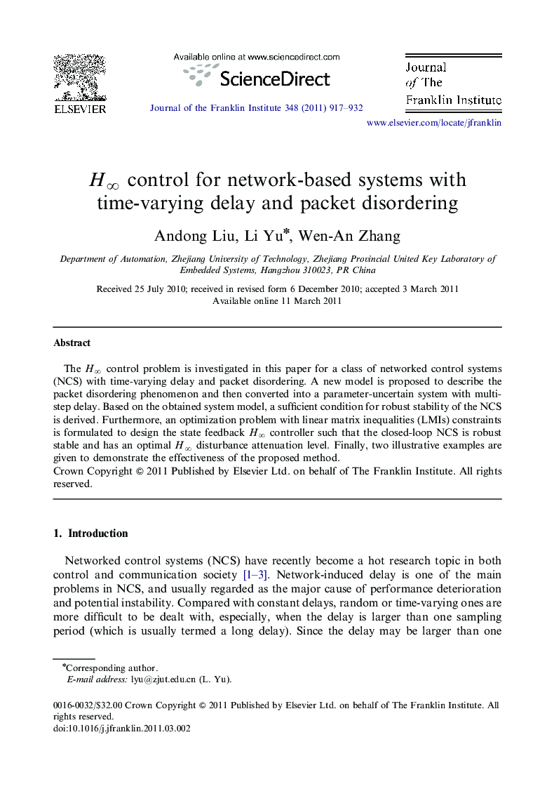 Hâ control for network-based systems with time-varying delay and packet disordering