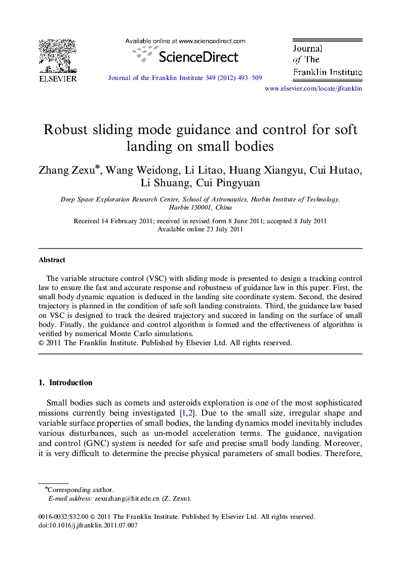 Robust sliding mode guidance and control for soft landing on small bodies