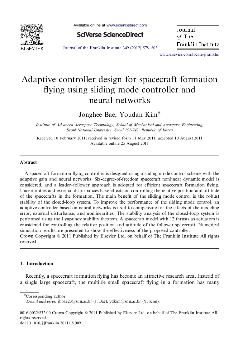 Adaptive controller design for spacecraft formation flying using sliding mode controller and neural networks