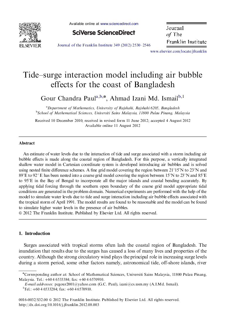 Tide-surge interaction model including air bubble effects for the coast of Bangladesh