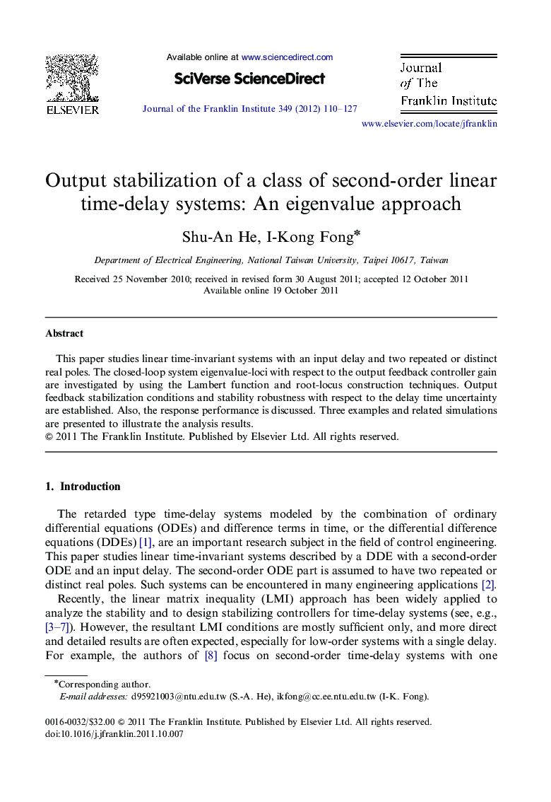Output stabilization of a class of second-order linear time-delay systems: An eigenvalue approach