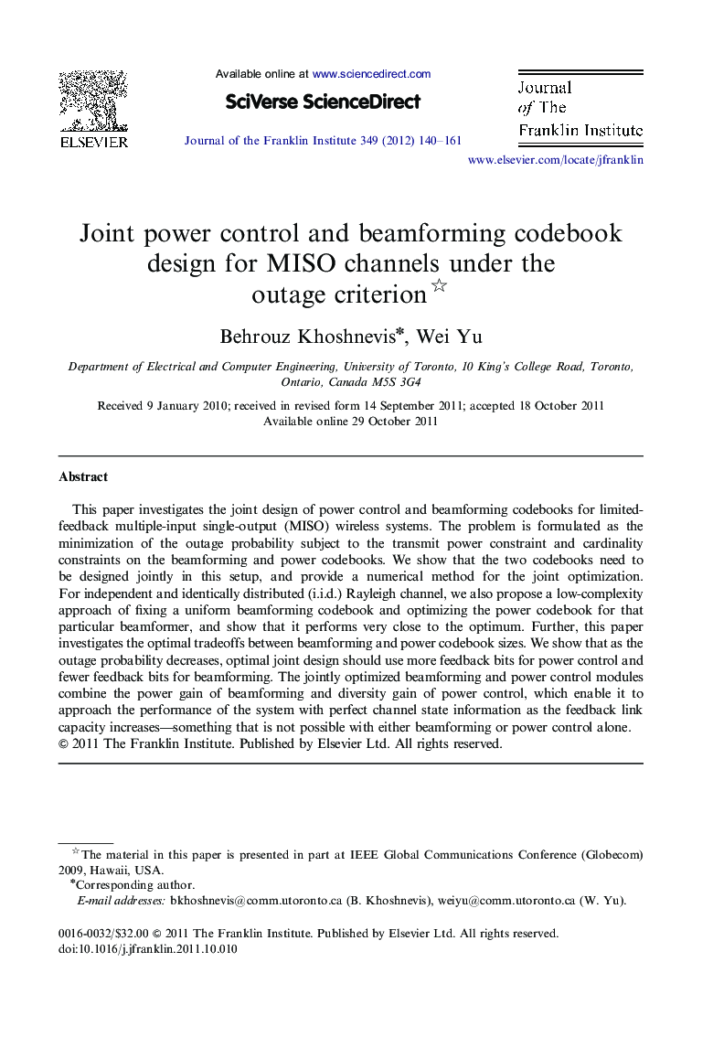 Joint power control and beamforming codebook design for MISO channels under the outage criterion