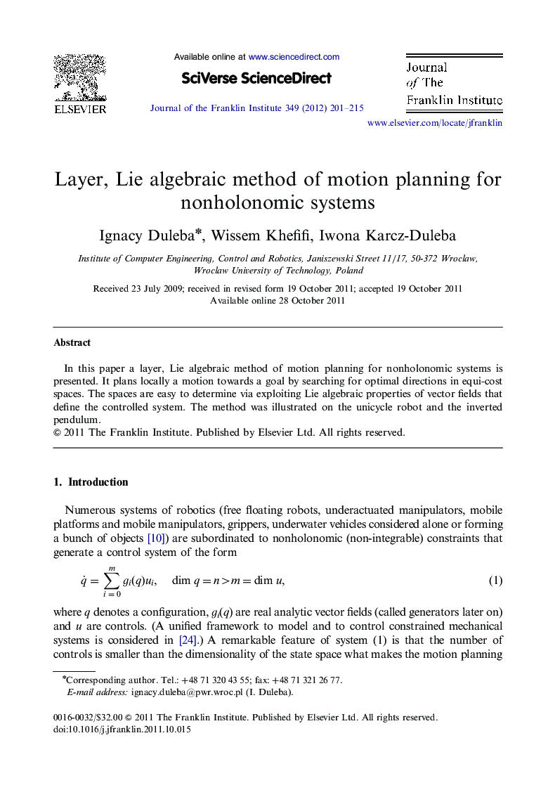 Layer, Lie algebraic method of motion planning for nonholonomic systems