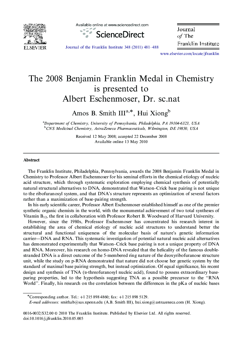The 2008 Benjamin Franklin Medal in Chemistry is presented to Albert Eschenmoser, Dr. sc.nat