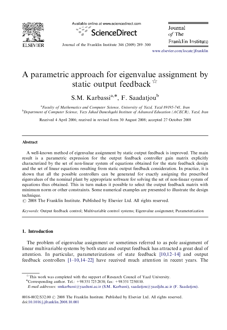 A parametric approach for eigenvalue assignment by static output feedback