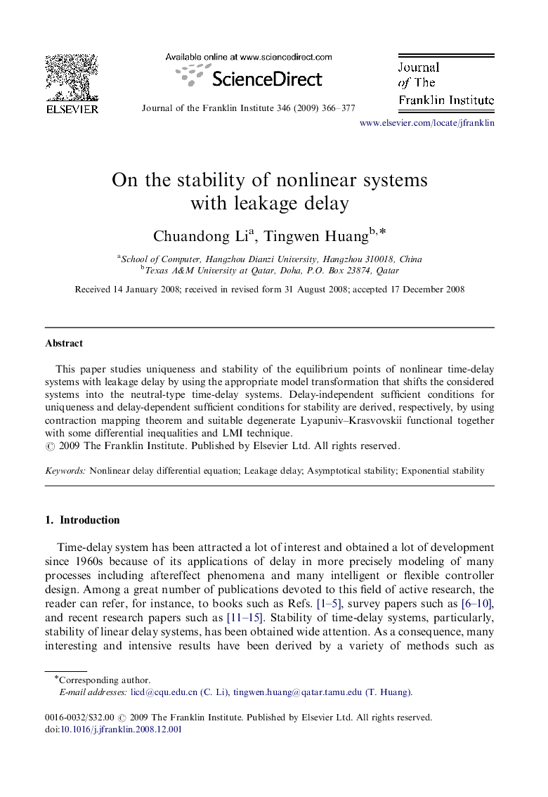 On the stability of nonlinear systems with leakage delay