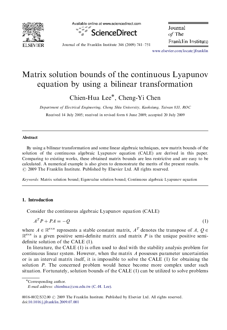 Matrix solution bounds of the continuous Lyapunov equation by using a bilinear transformation