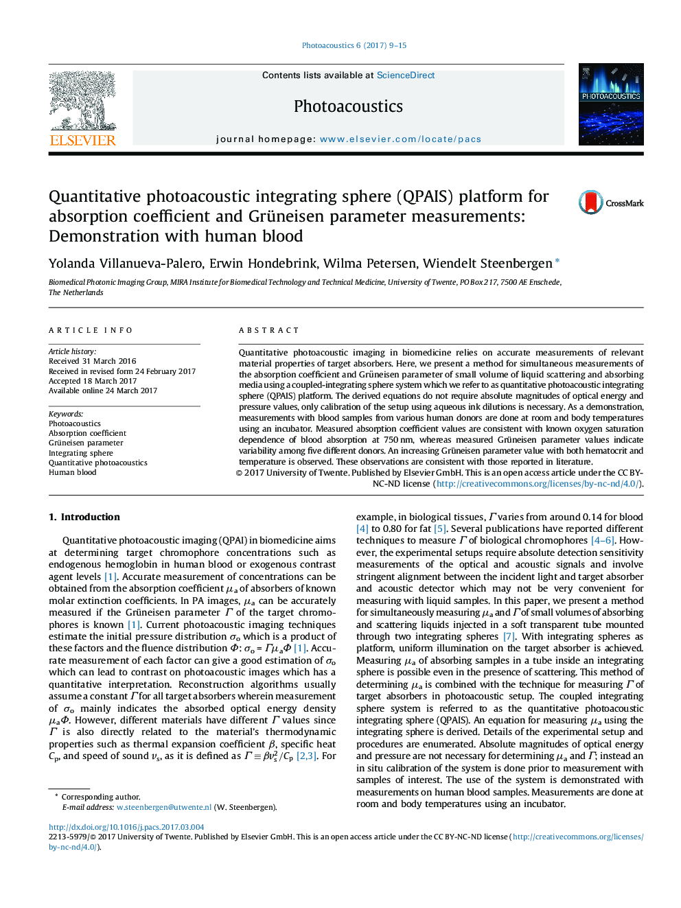 Quantitative photoacoustic integrating sphere (QPAIS) platform for absorption coefficient and Grüneisen parameter measurements: Demonstration with human blood