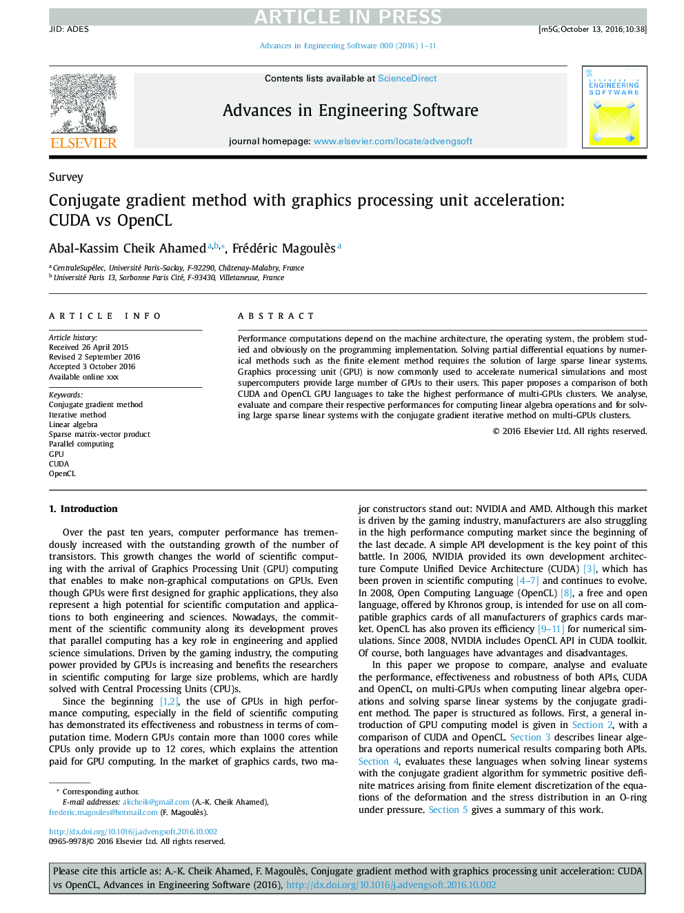 Conjugate gradient method with graphics processing unit acceleration: CUDA vs OpenCL