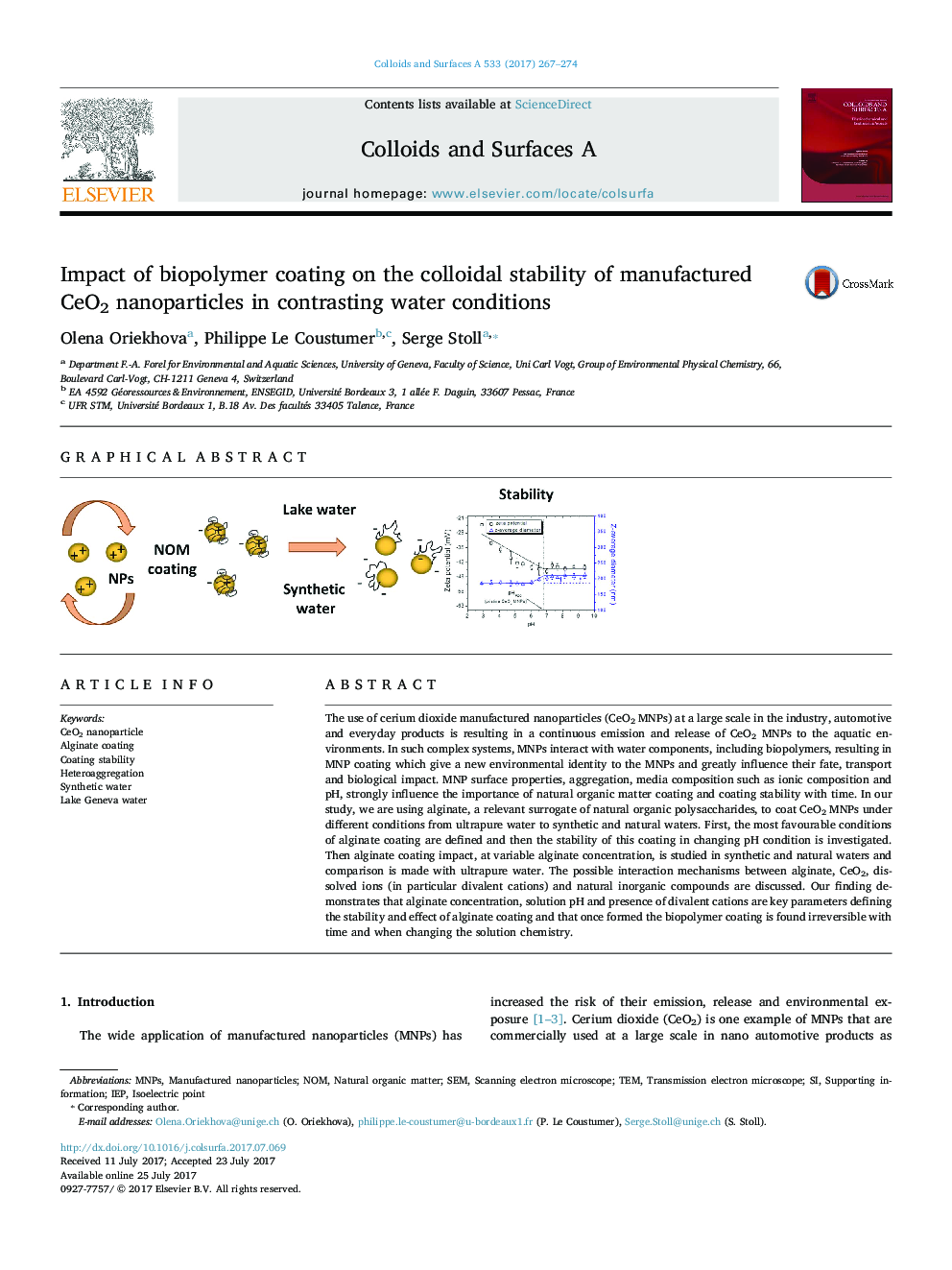 Impact of biopolymer coating on the colloidal stability of manufactured CeO2 nanoparticles in contrasting water conditions