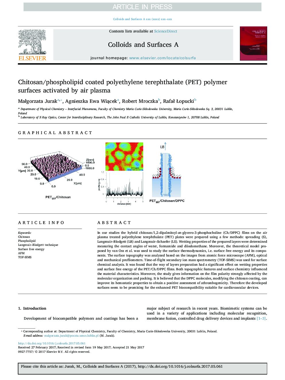 Chitosan/phospholipid coated polyethylene terephthalate (PET) polymer surfaces activated by air plasma