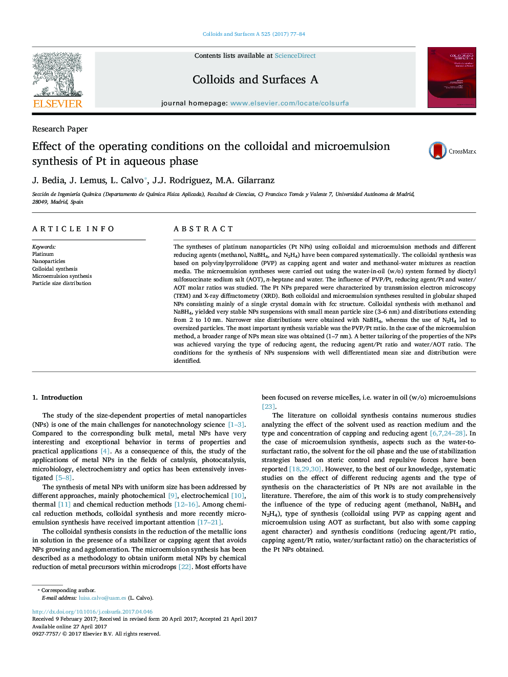 Research PaperEffect of the operating conditions on the colloidal and microemulsion synthesis of Pt in aqueous phase