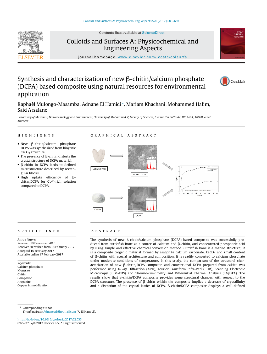 Synthesis and characterization of new Î²-chitin/calcium phosphate (DCPA) based composite using natural resources for environmental application