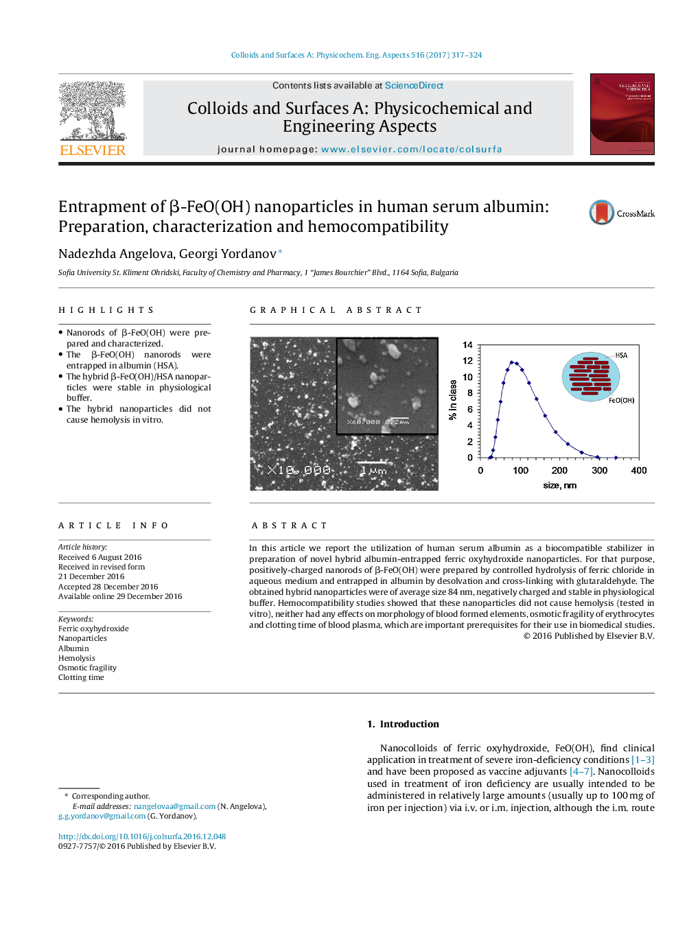 Entrapment of Î²-FeO(OH) nanoparticles in human serum albumin: Preparation, characterization and hemocompatibility