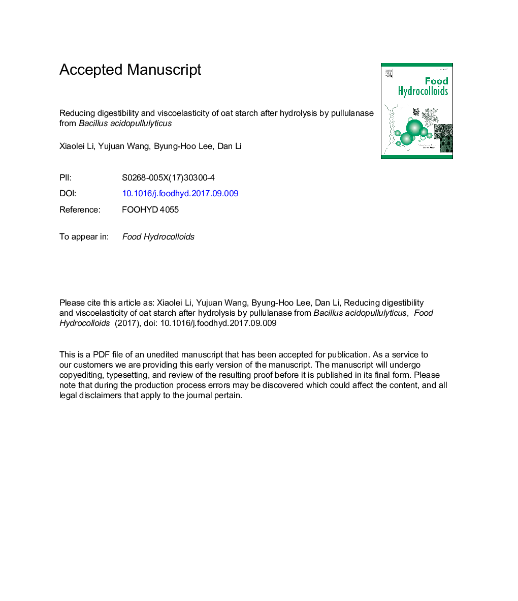 Reducing digestibility and viscoelasticity of oat starch after hydrolysis by pullulanase from Bacillus acidopullulyticus