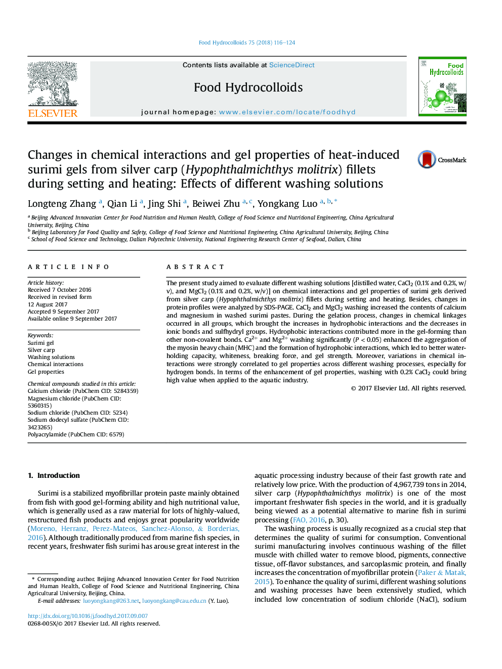 Changes in chemical interactions and gel properties of heat-induced surimi gels from silver carp (Hypophthalmichthys molitrix) fillets during setting and heating: Effects of different washing solutions