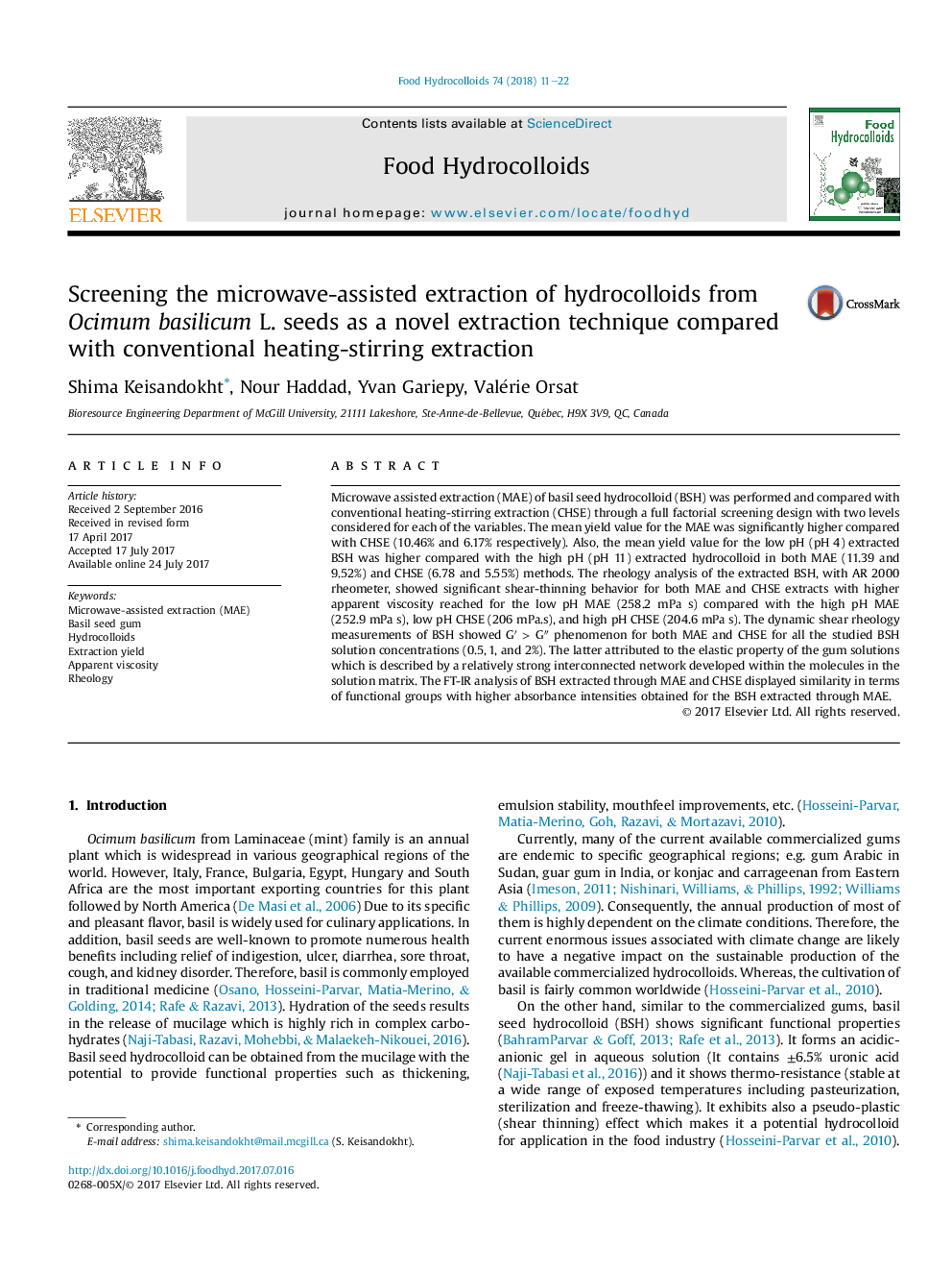 Screening the microwave-assisted extraction of hydrocolloids from Ocimum basilicum L. seeds as a novel extraction technique compared with conventional heating-stirring extraction