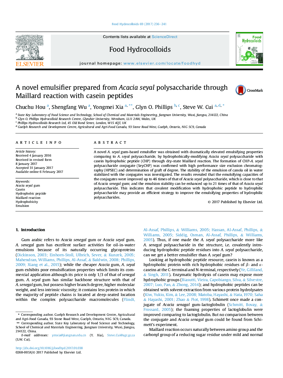 A novel emulsifier prepared from Acacia seyal polysaccharide through Maillard reaction with casein peptides