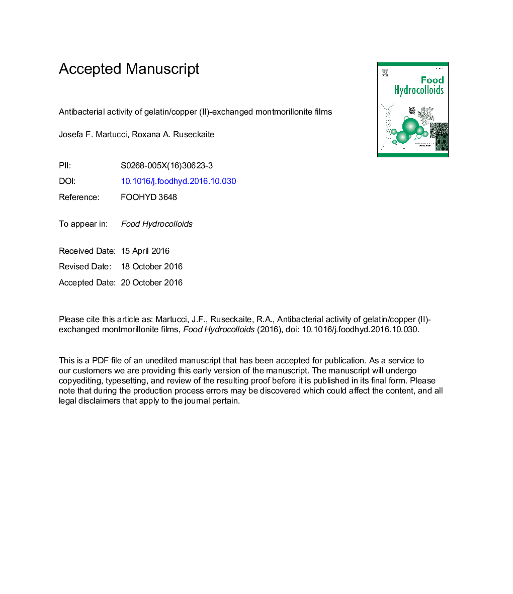 Antibacterial activity of gelatin/copper (II)-exchanged montmorillonite films