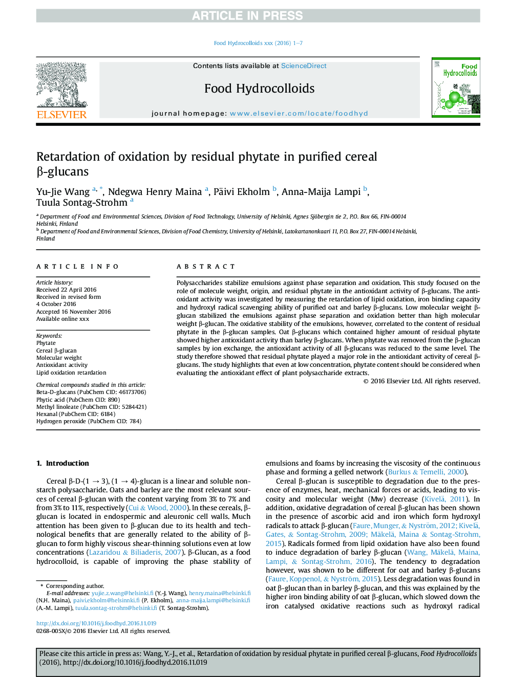 Retardation of oxidation by residual phytate in purified cereal Î²-glucans