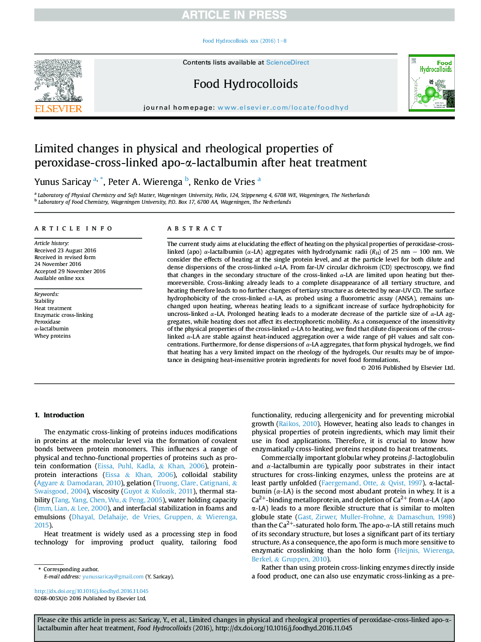 Limited changes in physical and rheological properties of peroxidase-cross-linked apo-Î±-lactalbumin after heat treatment