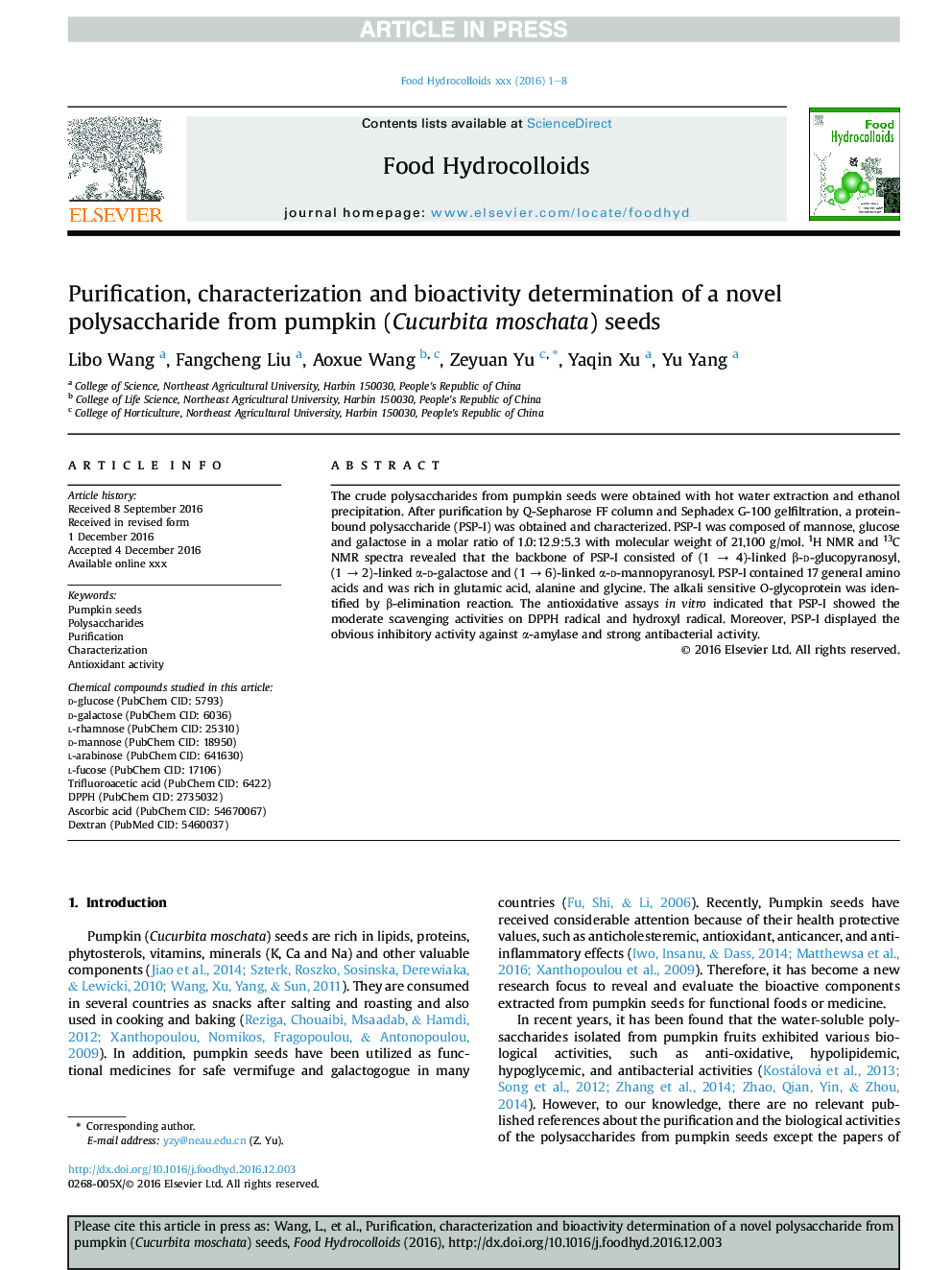Purification, characterization and bioactivity determination of a novel polysaccharide from pumpkin (Cucurbita moschata) seeds