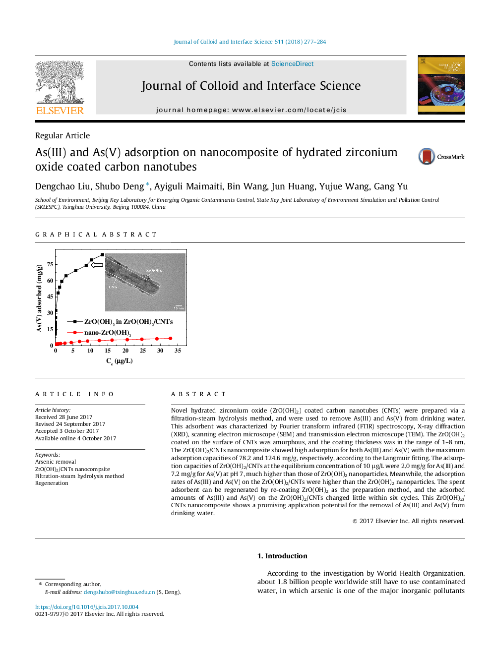 As(III) and As(V) adsorption on nanocomposite of hydrated zirconium oxide coated carbon nanotubes