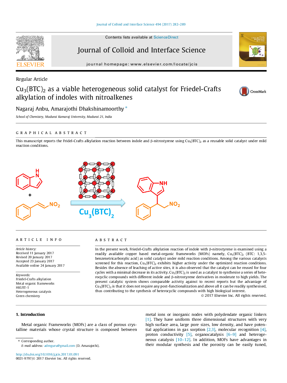 Regular ArticleCu3(BTC)2 as a viable heterogeneous solid catalyst for Friedel-Crafts alkylation of indoles with nitroalkenes