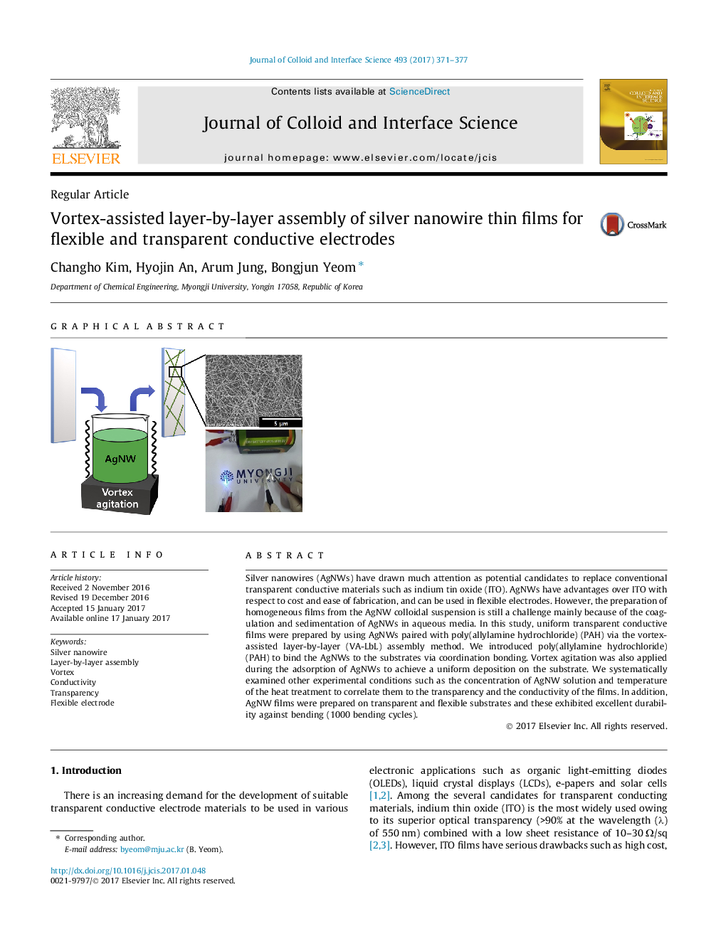 Regular ArticleVortex-assisted layer-by-layer assembly of silver nanowire thin films for flexible and transparent conductive electrodes