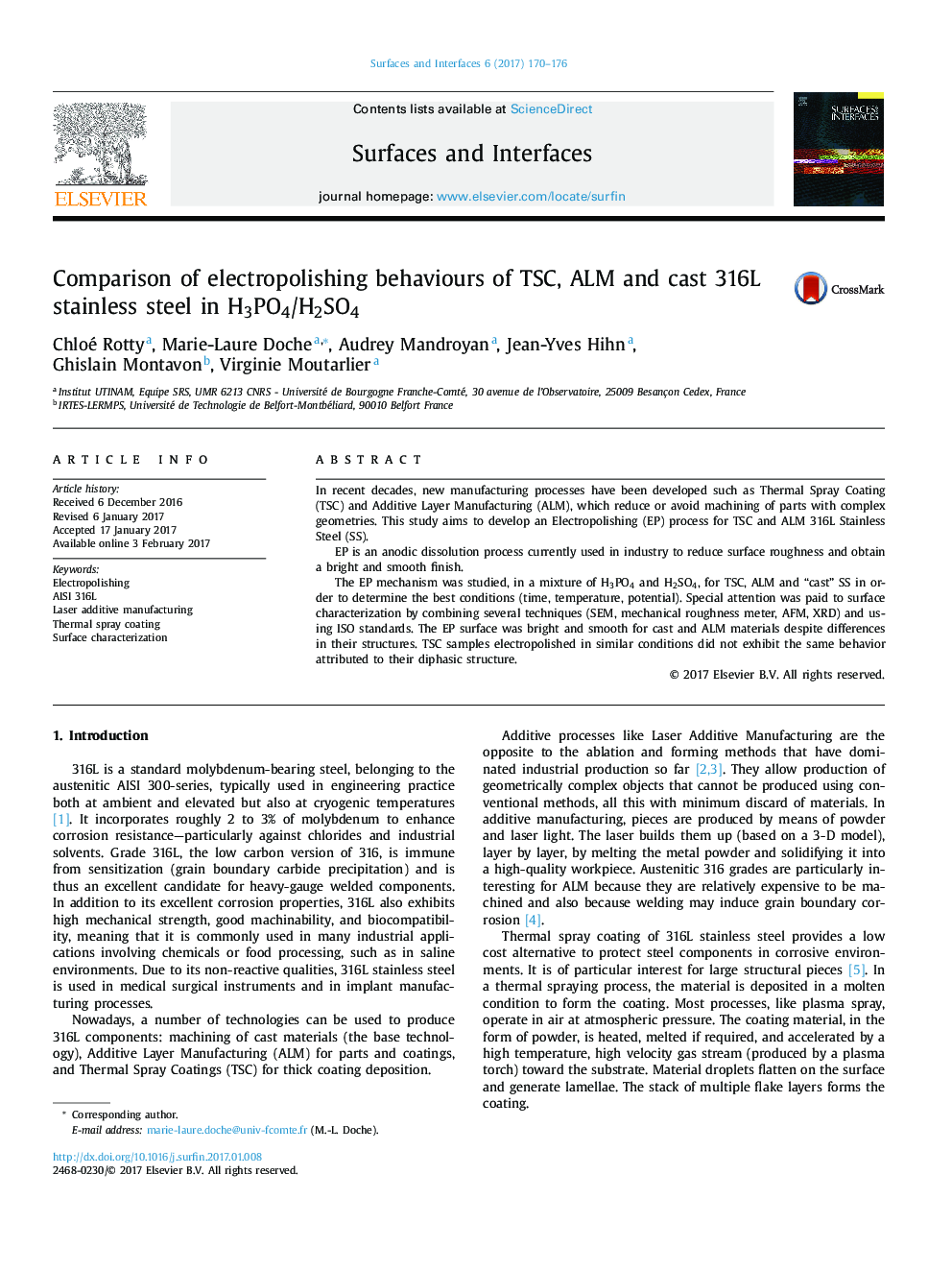 Comparison of electropolishing behaviours of TSC, ALM and cast 316L stainless steel in H3PO4/H2SO4