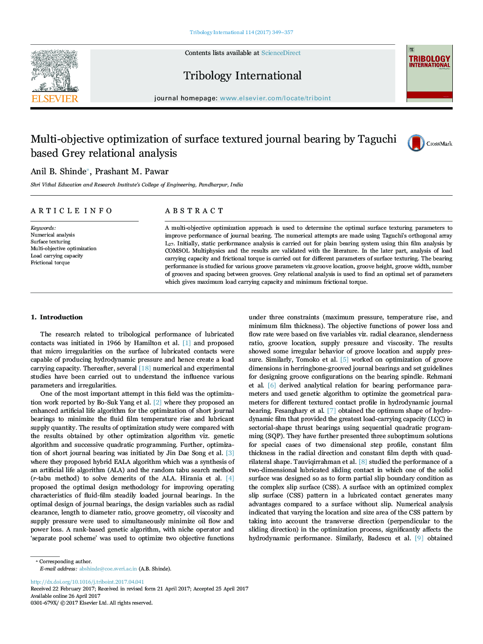 Multi-objective optimization of surface textured journal bearing by Taguchi based Grey relational analysis