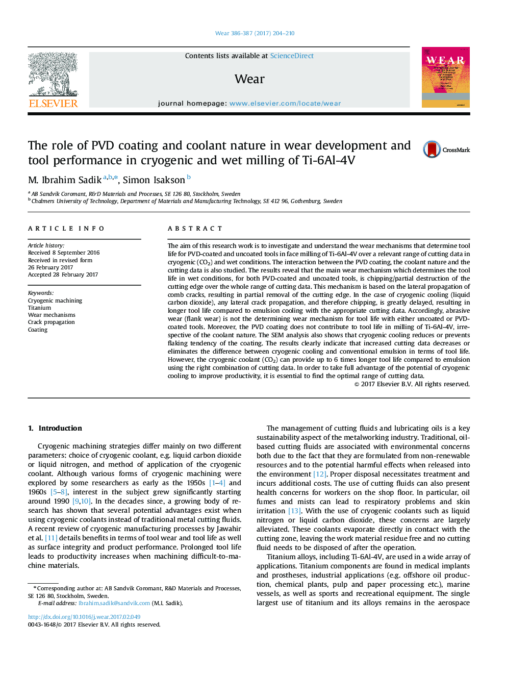 The role of PVD coating and coolant nature in wear development and tool performance in cryogenic and wet milling of Ti-6Al-4V