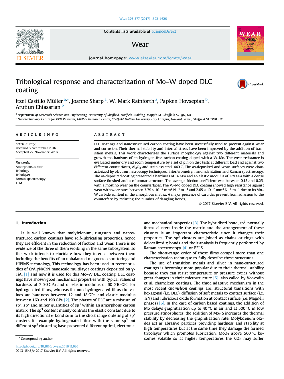 Tribological response and characterization of Mo-W doped DLC coating