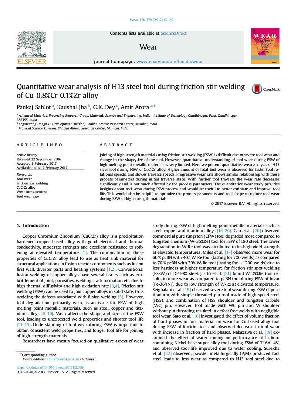 Quantitative wear analysis of H13 steel tool during friction stir welding of Cu-0.8%Cr-0.1%Zr alloy