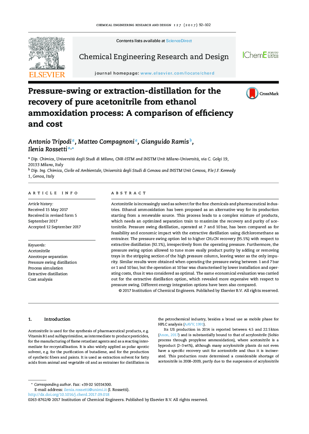 نوسان فشار یا استخراج تقطیر برای بازیابی استونیتریل خالص از فرآیند آمونیوم کردن اتیلن: مقایسه کارایی و هزینه 