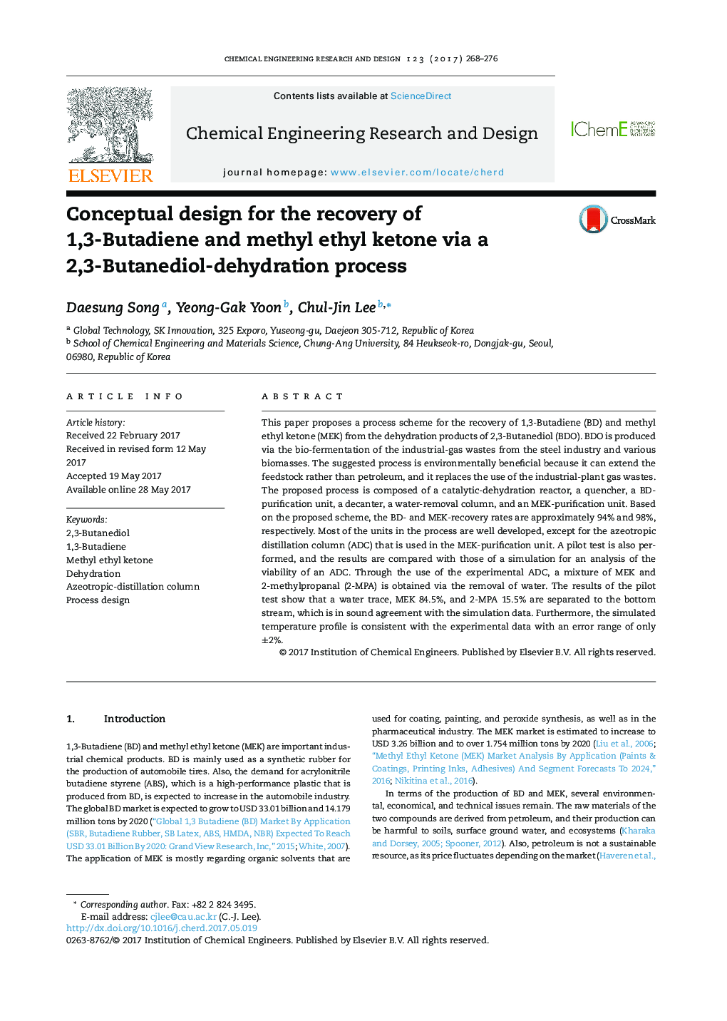 Conceptual design for the recovery of 1,3-Butadiene and methyl ethyl ketone via a 2,3-Butanediol-dehydration process