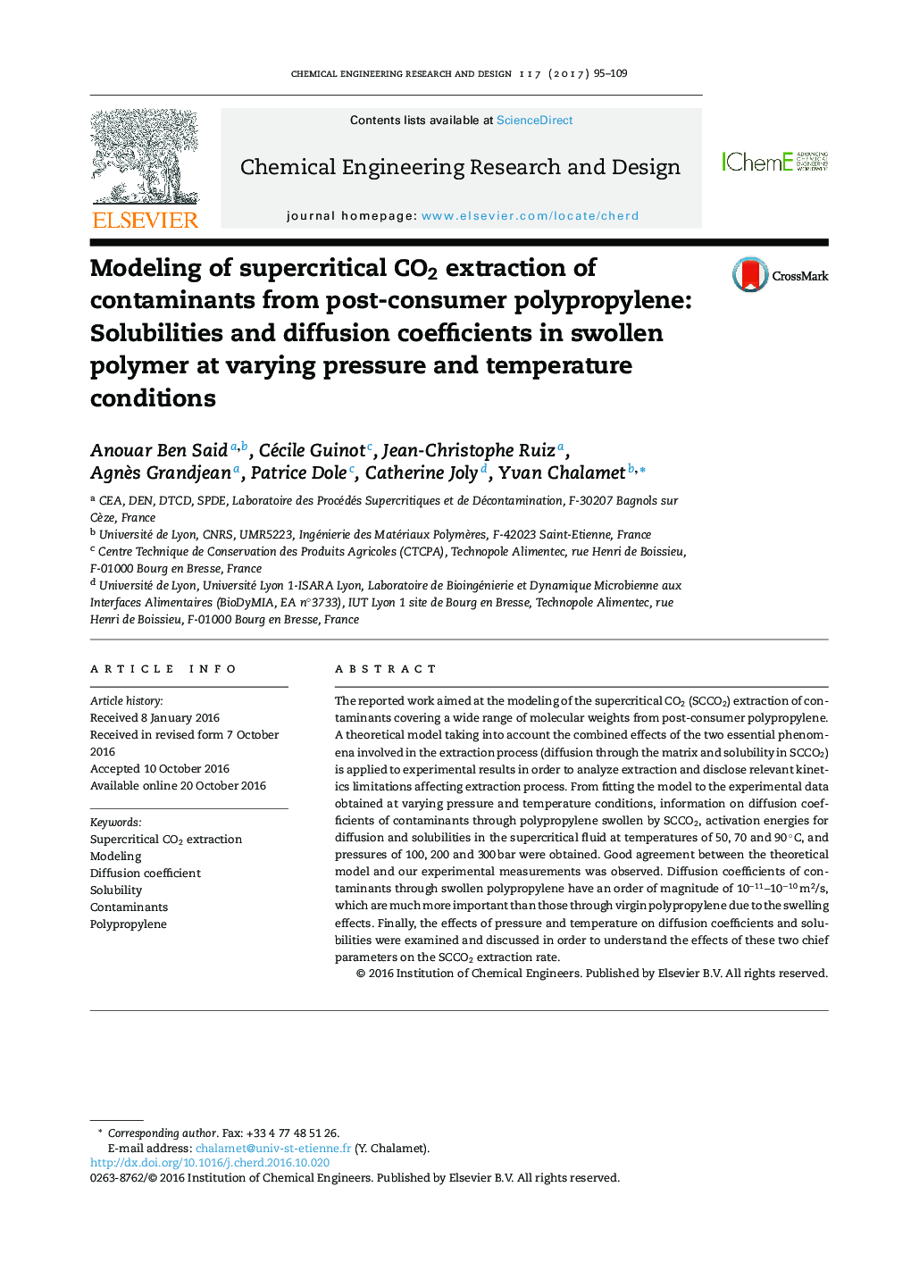 مدل سازی اکسیژن فوق بحرانی استخراج آلاینده ها از پلی پروپیلن پس از مصرف کننده: سازگاری و ضرایب انتشار در پلیمر متورم در شرایط فشار و دمای متغیر 